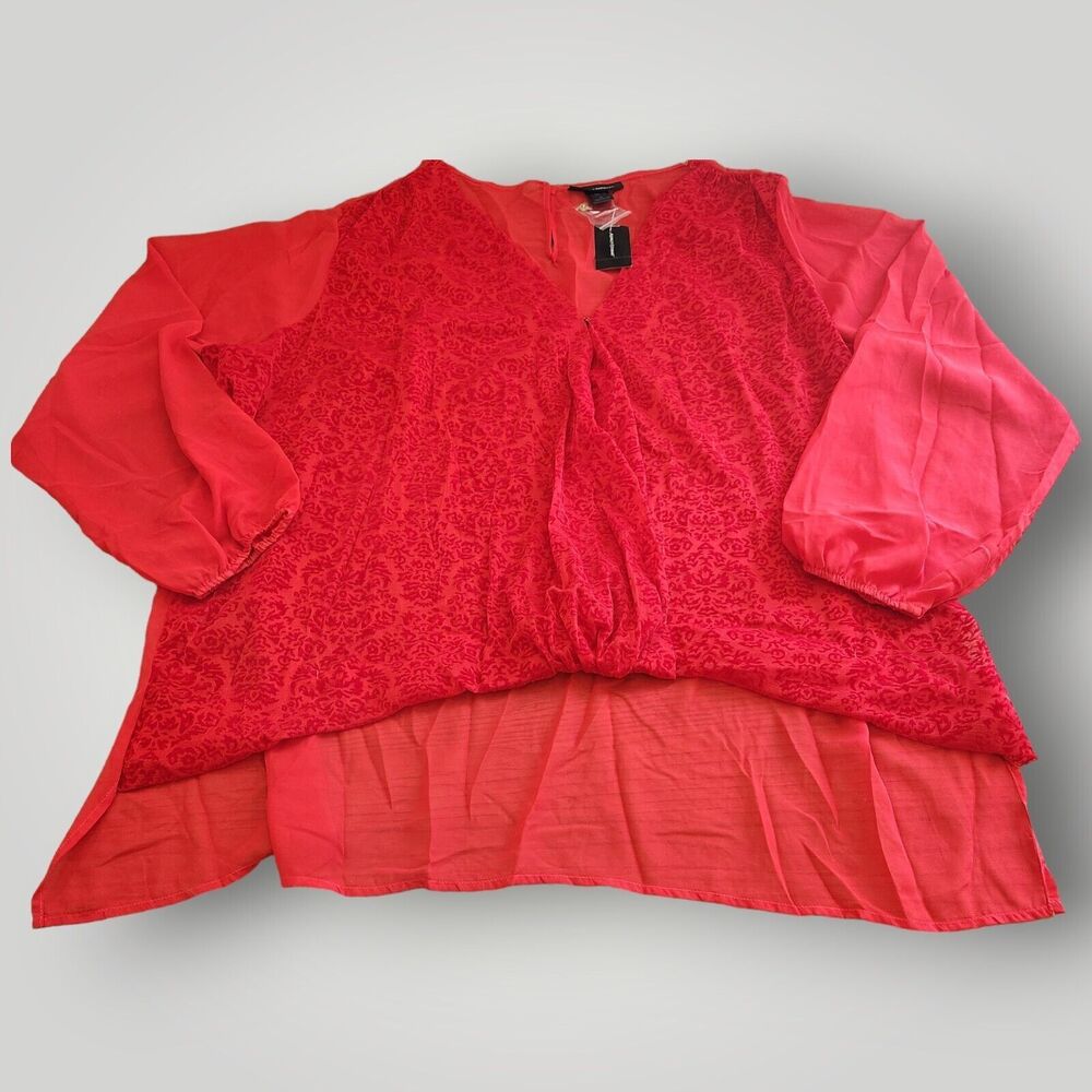 NWT Ashley Stewart Women's PLUS 26 RED Flock Front Sheer Back Long Sleeve Blouse